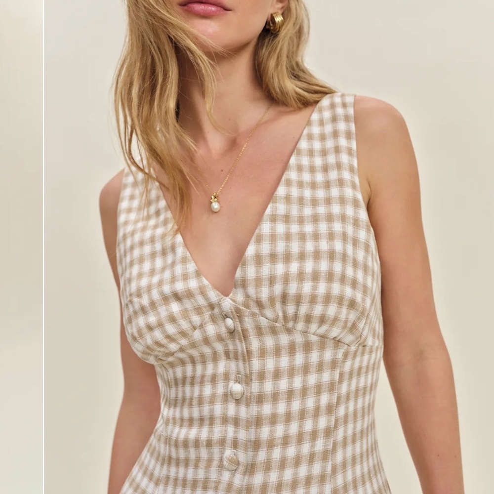 Reformation Sebastian linen Gingham Midi Dress in Cream and Tan Sz 8 - Picture 3 of 11